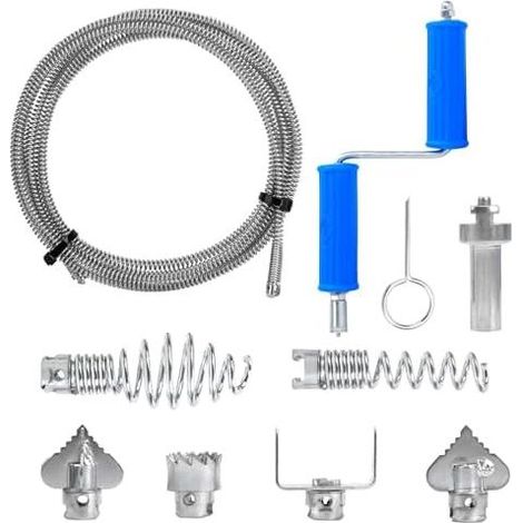 Rohrreinigungsspiralen-Set, 5 m Länge, 12 mm Durchmesser mit 6 Industrieaufsätzen, manuellem und elektrischem Adapter für die professionelle Rohrreinigung - (1/5)