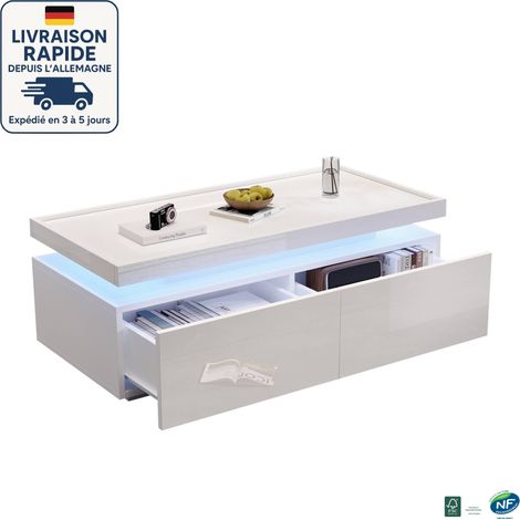 MODFU - Mesa de centro rectangular LED con espacio de almacenamiento, 2 cajones, mesa auxiliar brillante para salón/dormitorio, 95×45×35 cm, color blanco (1/5)