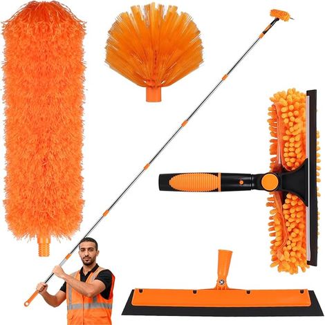 Telescopic Duster, Cleaning Kit Included Extendable Rod 1.5-4.5 m, Telescopic Wolf Head Spider Broom, 2-in-1 Window Squeegee with Scraper (1/5)