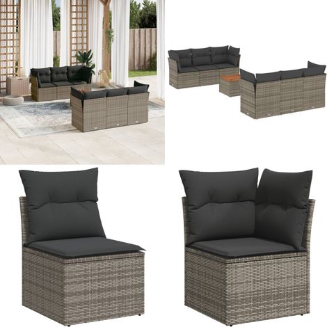 7-tlg. Garten-Sofagarnitur mit Kissen Grau Poly Rattan - Gartenmöbel Set - PE-Rattan Möbel - Outdoor Sofa - Lounge Set - Esstisch - Home & Living (1/5)