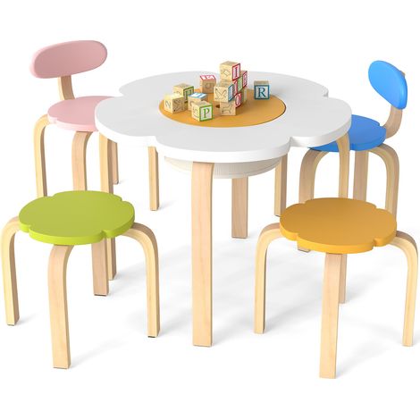 Set de table enfant en forme de fleur, table de jeu et d'activité en bois avec 2 chaises et tabourets colorés - multicolore (1/5)