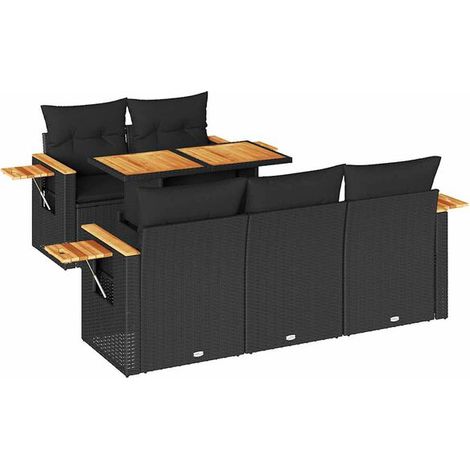 Ensemble de Meubles de Jardin 6 Pièces, Canapé en Rotin Synthétique Tressé Noir avec Cadre en Bois d'Acacia, Coussins Inclus pour Extérieur Terrasse (1/5)
