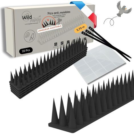 20 Taubenabwehr-Spikes, 5,7 m, modular, schwarzer Kunststoff, selbstklebend, für Balkon, Fenster, Dach (1/5)