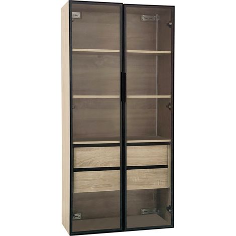 Mobile bagno alto in MDF naturale con 2 cassetti, 2 ante in vetro e LED, 74 x 36 x 155 cm (1/5)