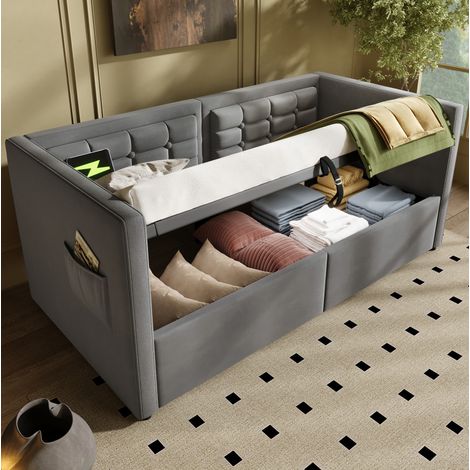 Divano letto 90x200 cm in velluto grigio con vano contenitore e USB, senza materasso – MEUBLIV (1/5)