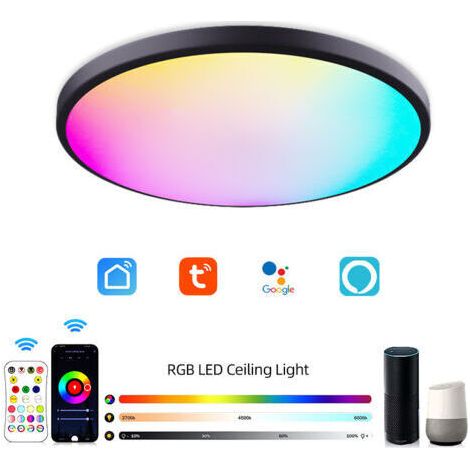 Plafoniera LED intelligente Tuya 220V/240V RGB con dimmer, telecomando e Wi-Fi, forma rotonda.