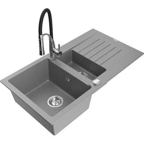 Mexen Matias fregadero de granito de 1,5 senos con escurridor y grifo de cocina Aster, gris - 6502-71-73450-07 (1/5)