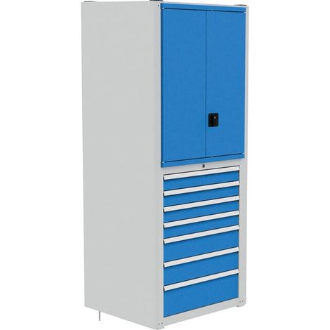 Modul 6 / 700, 2x Tragrahmen, 1x Rückwand, 2x Seitenabschlusswand, 1x Uni-Fachboden glatt, 2x Fachboden glatt, 6x Fachboden - Seitenblech, 1x Flügeltüren-Einbausatz, 1x Tragbodensatz mit Zylinderschlo (1/2)