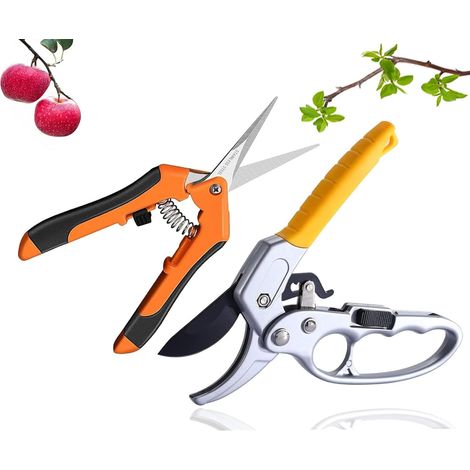 Lot de 2 sécateurs de jardin polyvalents à cliquet, sécateur avec interrupteur marche/arrêt du cliquet + sécateur à roses, sécateur à enclume, branches ligneuses, épaisseur de coupe jusqu'à 24 mm (1/5)