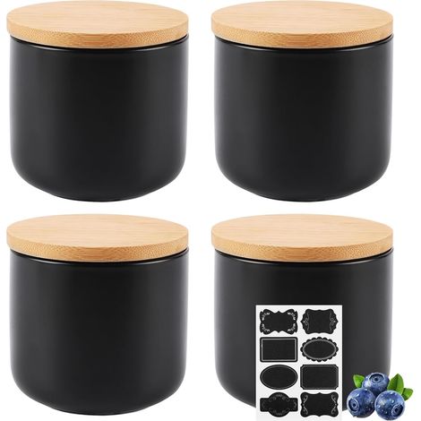 4 Pièces Boite Rangement Cuisine en Céramique, 260 ml Bocaux Epices avec Couvercle en Bambou, Noir Bocal Hermetique pour Thé, Bonbons, Noix, Épices, Sucre (1/5)