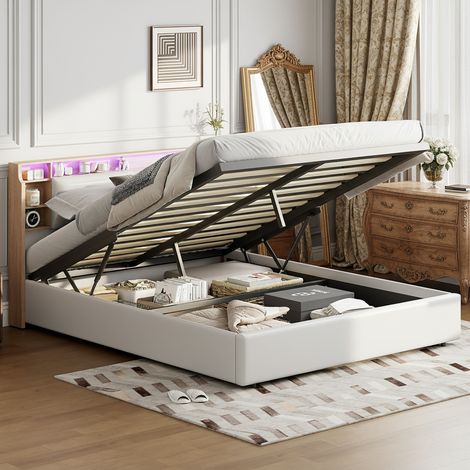 Lit coffre 140x200 cm, mécanisme de levage hydraulique, tête de lit avec espace de rangement, bande lumineuse LED, motif grain de bois, blanc (1/5)