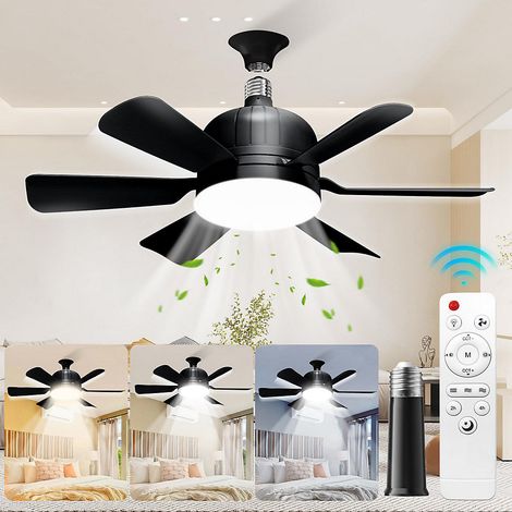Ventilateur de plafond de 46 cm avec lumière et télécommande, E27, 3 couleurs et 3 vitesses, minuterie 2/4 heures,noir (sans base) (1/5)