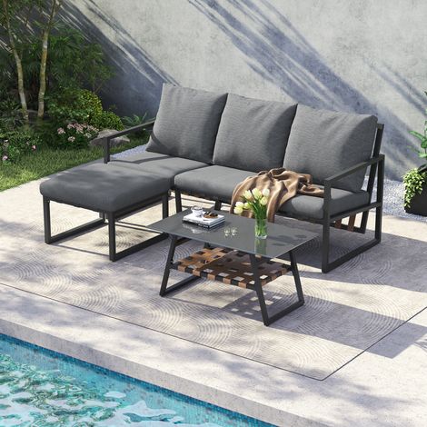Graue Gartenmöbelgarnitur für 3 Personen, Fußstütze, verzinkter Stahl, wetterfest, Couchtisch mit Glasplatte