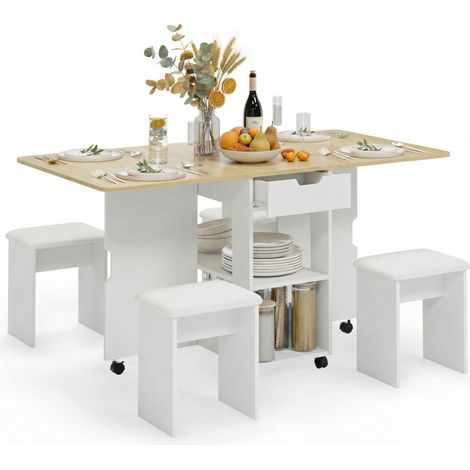 Ensemble Table à Manger Pliante avec 4 Chaises Rembourrés Rangés, Table de Cuisine pliante avec 1 tiroir et 2 étagères de Rangement pour Petits Espaces, 140L x 80P x 75H cm, Effet Chêne et Blanc, Mond