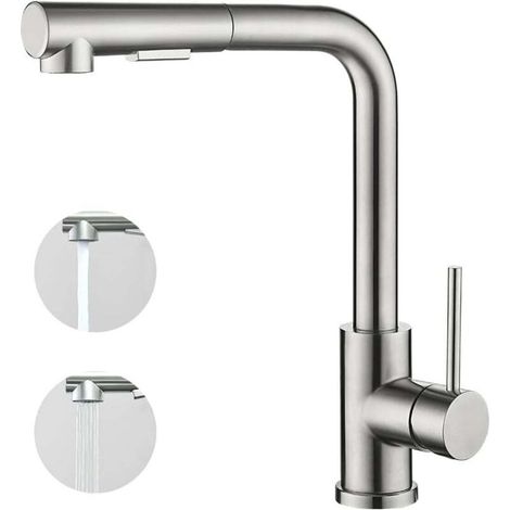 Kitchen Mixer Tap with Pull Out Spray, Single Handle, 360° Swivel, 2 Spray Modes, Kitchen Sink Faucet, Brushed (1/5)