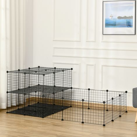 Recinto modulare fai-da-te PawHut, 2 livelli, per piccoli animali come criceti, conigli e porcellini d'India, pannelli in rete metallica, 45 pannelli, 175 x 105 x 70 cm, nero.