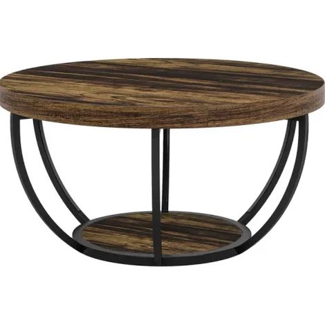 Table basse ronde 2 niveaux en bois et métal, plateau effet bois rustique, design moderne avec structure arc élégante pour salon, bureau ou accueil - CHICFURN (1/5)