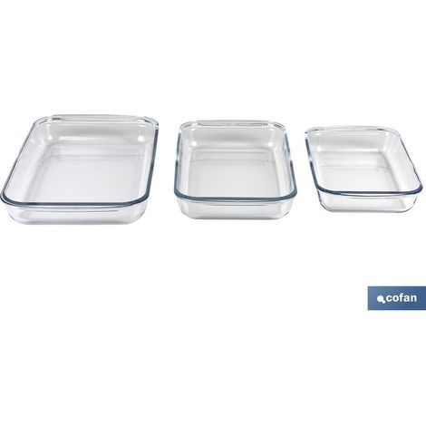 Set da 3 teglie rettangolari di vetro borosilicato Modello Baritina Capacità: 1600 ml - 2200 ml - 3000 ml