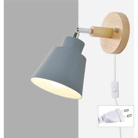 Applique murale avec prise Macaron Applique murale avec interrupteur E27 Type de lampe Bois Lampe de chevet pour salon et chambre Réglable Prise Applique murale (Gray ) (1/5)