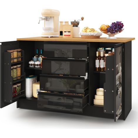 Îlot de Cuisine avec 4 Tiroirs, 2 Placards et Plan de Travail Extensible, Noir, en MDF, 140 x 80 x 90 cm (1/5)