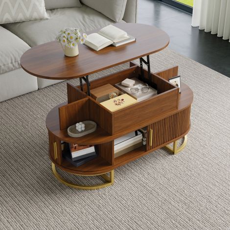 Table Basse Ovale en MDF avec Plateau Réglable en Hauteur et Rangement, Table de Salon avec Portes Coulissantes Cannelées, Cadre en Tube d'Acier, Poignées en Alliage de Zinc (Noyer) (1/5)