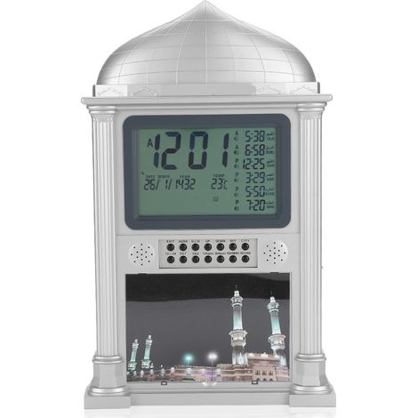 1 Horloge murale numérique islamique en plastique avec calendrier et réveil, affichage de l'heure et prière (grise) (1/4)