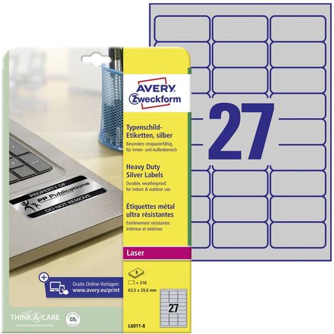 Avery-Zweckform L6011-8 Etiquette plaques signalétiques 63.5 x 29.6 mm film de polyester argent 216 pc(s) fixation perm (1/5)