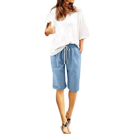Short en lin pour femme, taille haute, coupe décontractée, style bohème, cordon de serrage au genou, pantacourt d'été, sport et vélo, grande taille, confortable, ample, tenue légère. (1/5)