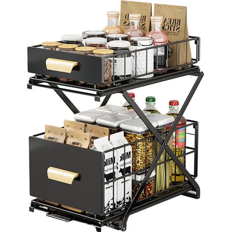 Under Sink Storage Kitchen Organizer, 2 Tiers, Black  Metal Spice Rack, 26 x 40 x 43 cm, Adjustable Under Sink Drawers for Spices, Cosmetics, Bathroom (1/5)