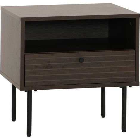 Table de nuit HHG-307, table de nuit, tiroir, style scandinave métal bois mélamine MVG 50x40x50cm, brun foncé (1/5)