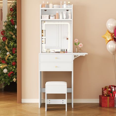 MEUBLIV Schminktisch Weiß 75x45x156 cm – dimmbare LED, 2 Schubladen, Spiegel und Hocker (1/5)