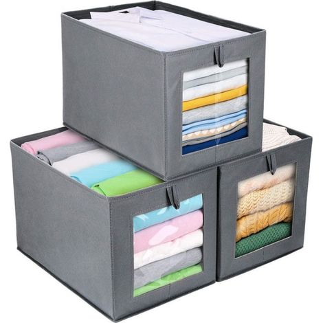 Boîte de Rangement, Panier Cube de Rangement Pliable 3 Pièces, Fenêtre Transparente, Casier en Tissu en Carton avec Couvercle, Armoire, Tiroir, Gris Clair (1/4)