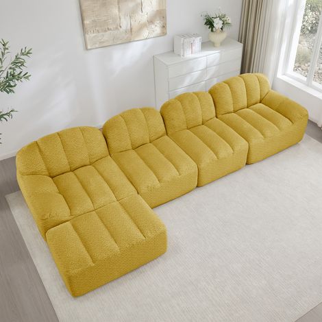 Canapé d'angle en L,canapé modulaire 4 places sans structure avec 1 Pouf,Coussins Profonds,Forme Coquillage,Polaire granuleuse(jaune) (1/5)