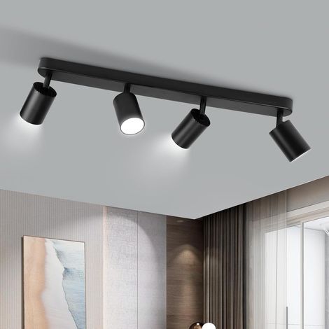Plafonnier 4 Spots GU10 Orientable Noir Max 25W (Sans Ampoules) Plafonnier 4 spots orientables en aluminium compatible GU10 max 25W (sans ampoule), parfait pour cuisine, salon et chambre (1/5)
