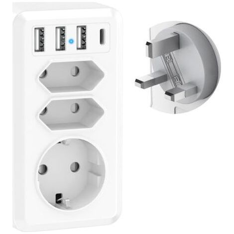 Adaptateur Voyage 7 en 1 avec 3 USB et USB-C Adaptateur France vers UK Prise Anglaise Adaptateur UK Type G pour Irlande Malaisie Angleterre Royaume-Uni Dubai (1/5)