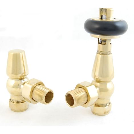 West Eton Traditional Angled Manual Radiator Valve and Lockshield - Un-Lacquered Brass (1/5)