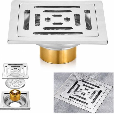 Bonde Douche, Siphon Douche Carré 10 x 10 cm, Drain de Sol en Acier Inoxydable avec Noyau en Laiton Épais, Anti Odeur, Anti Insectes pour Salle de Bain Cuisine Balcon (1/5)