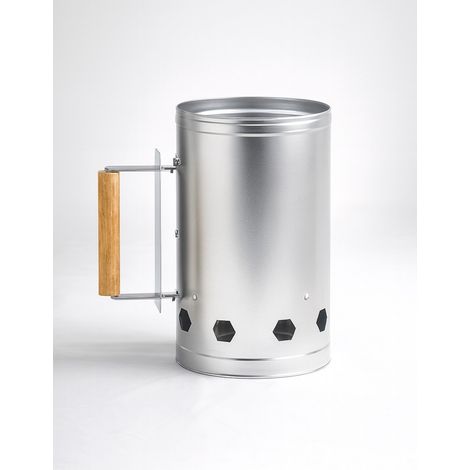 JARDIN202 - Arrancador de Carbón para Barbacoa  Encendedor Metálico con Mango de Madera  Gran Capacidad y Ventilación Rápida   (Plata)