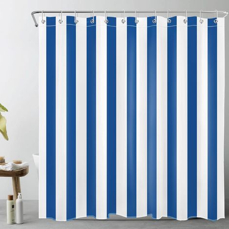 Rayures Bleu Marine Rideaux de Douche 180x200cm Ligne Bleue Blanche Rideaux de Bain avec Crochets, Géométrie Simple Minimaliste Extra Longue Imperméable Polyester Anti Moule Salle de Bain Décor (1/5)