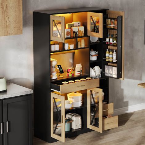 Buffet de cuisine avec led, étagères réglables et prises usb, noir, 105x40x185 cm