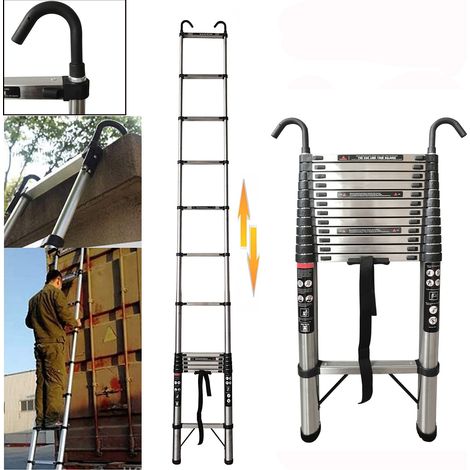 Échelle télescopique compacte, 5M / 16.5ft, capacité 150kg, avec 2 crochets amovibles