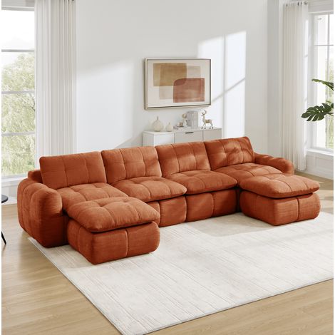 Canapé modulable U 4 places sans cadre en chenille orange, 334 x 160 x 68 cm (1/5)