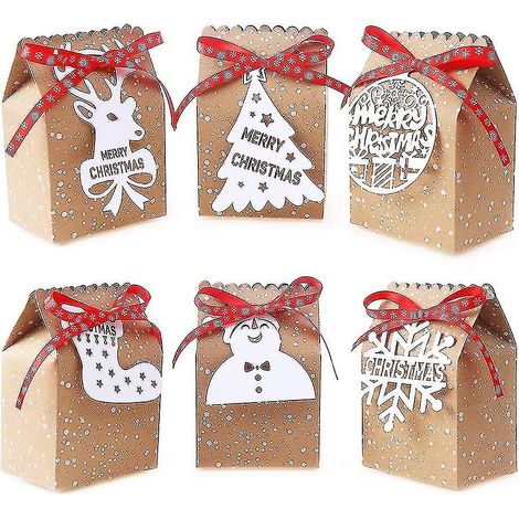Boîtes cadeaux de Noël en papier kraft pour la décoration des fêtes de Noël, avec 24 étiquettes blanches et rubans (assortiment de 6). (1/5)