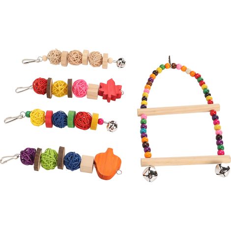 Ensemble de 5 jouets pour oiseaux : balançoire décorative colorée et non toxique avec clochettes, idéale pour les perruches calopsittes et les calopsittes. (1/5)