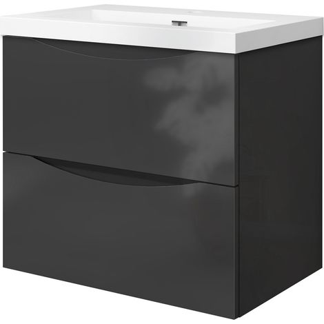Meuble de salle de bain suspendu 60 cm, 2 tiroirs, avec vasque blanche,MDF anthracite