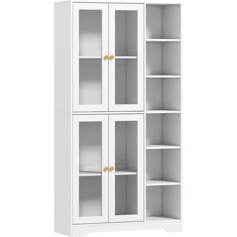Buffet haut cuisine, vaisselier vitrine 4 portes à fermeture amortie en verre trempé, blanc, 90x35x172 cm (1/5)