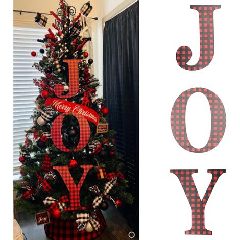 Logo « JOY » de Joyeux Noël, décoration en bois à damier rouge et noir pour porte d'entrée, copeaux de bois de Noël pour la décoration intérieure. (1/5)