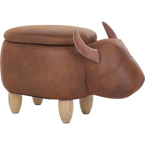 Sgabello Bambini Forma Mucca Ecopelle Marrone Imbottita Gambe Legno Cow