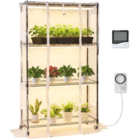Serre Intérieur avec Lampe de Croissance, Support Plantes 4 Niveaux, 150 cm, 180 W, avec Housse Transparente, Minuterie, Hygromètre, Lampes Spectre Complet, Étagère Plantes pour Pots de Fleurs (1/5)