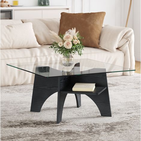 Tavolino da salotto 80x80x40 cm, piano in vetro di sicurezza, struttura diagonale, MDF effetto legno nero, nero (1/5)